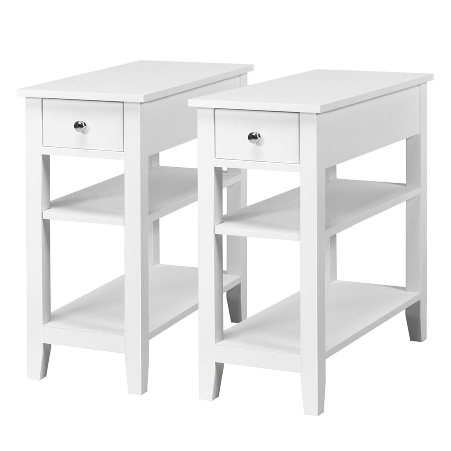 Set of 2 3Tier Nightstand Bedside Side End Table w/Double Shelves Drawer White Image 1