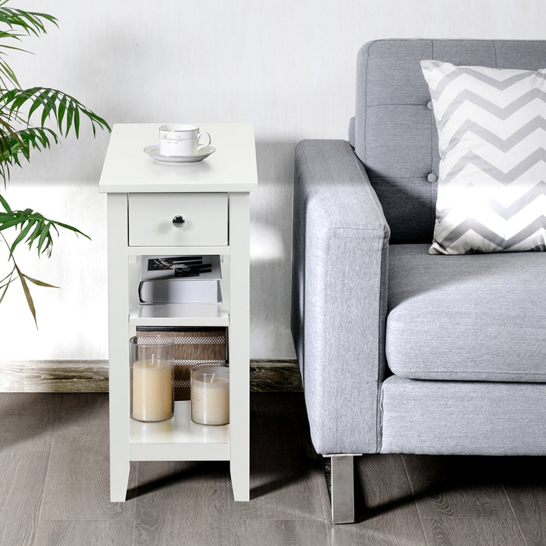 3 Tier Nightstand Bedside Table Sofa Side End Table w/Double Shelves Drawer White Image 4