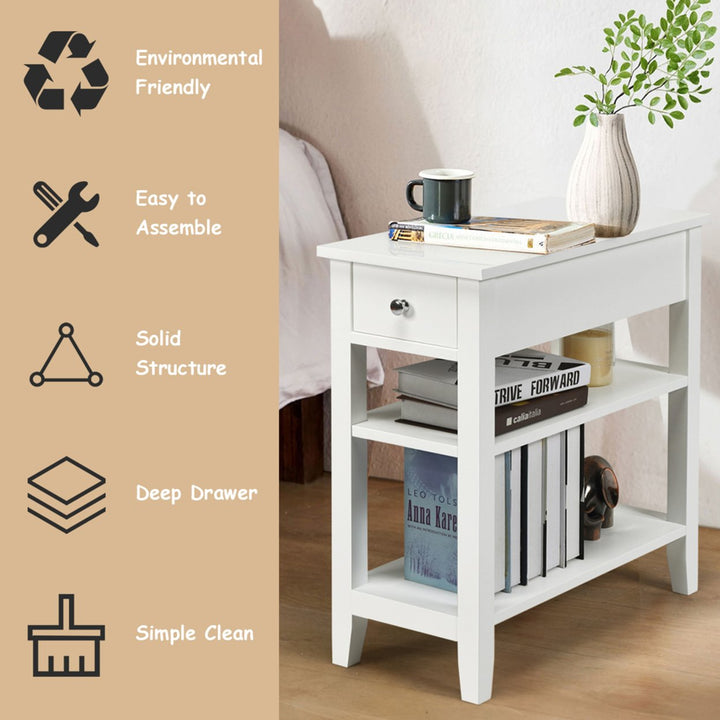 3 Tier Nightstand Bedside Table Sofa Side End Table w/Double Shelves Drawer White Image 7