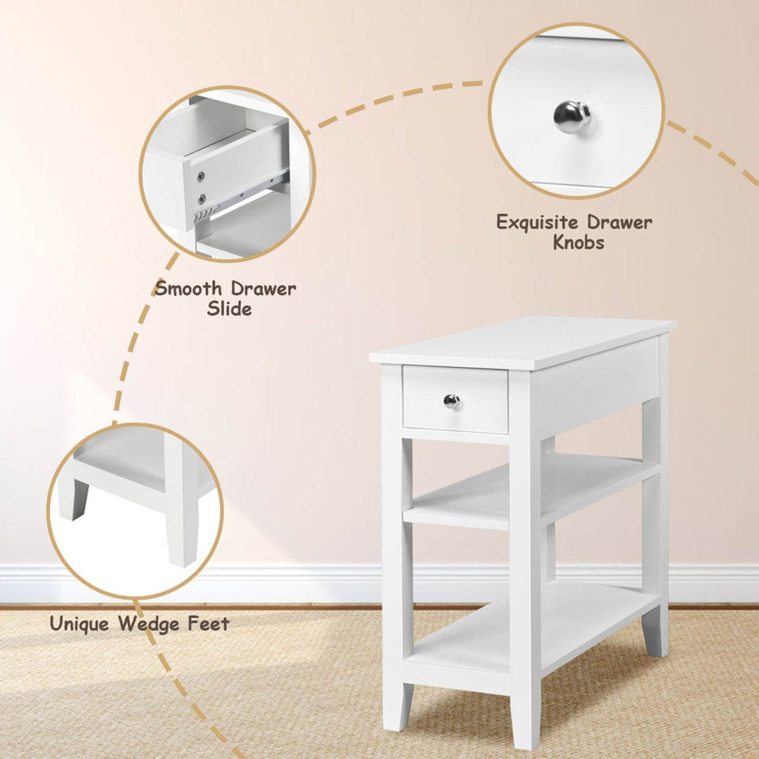 3 Tier Nightstand Bedside Table Sofa Side End Table w/Double Shelves Drawer White Image 8