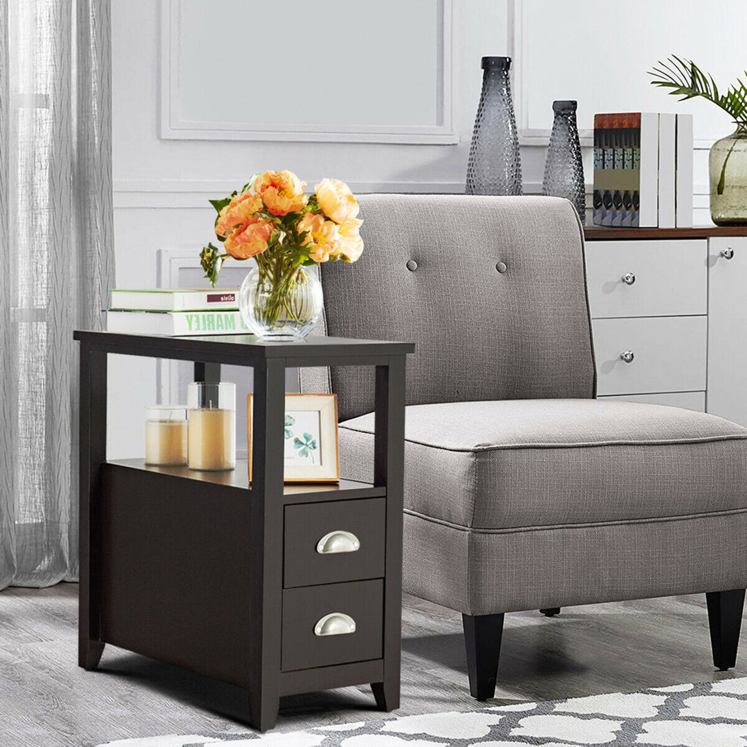 End Table Space-Saving Rectangular Bedside Table W/ 2 Drawers and Shelf Espress Image 2