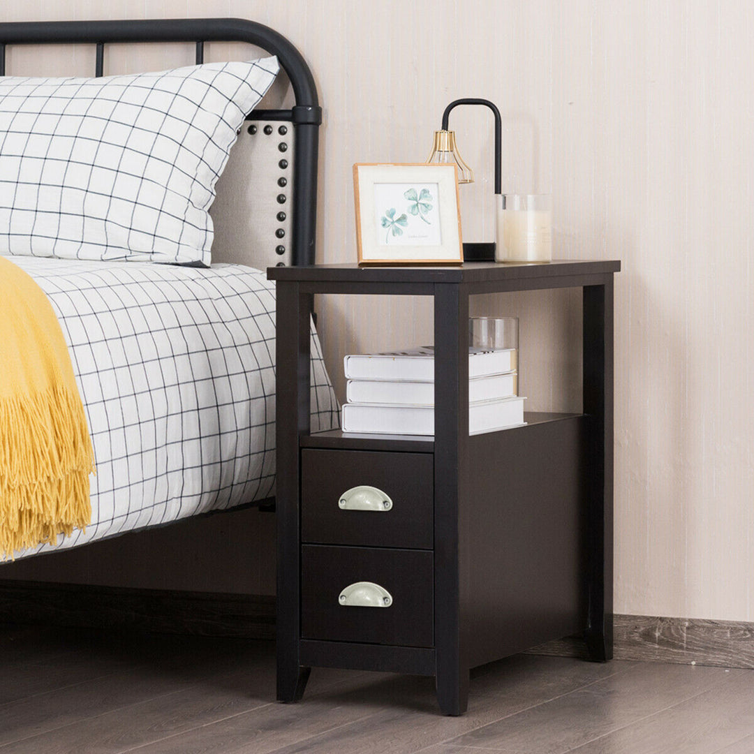 End Table Space-Saving Rectangular Bedside Table W/ 2 Drawers and Shelf Espress Image 3