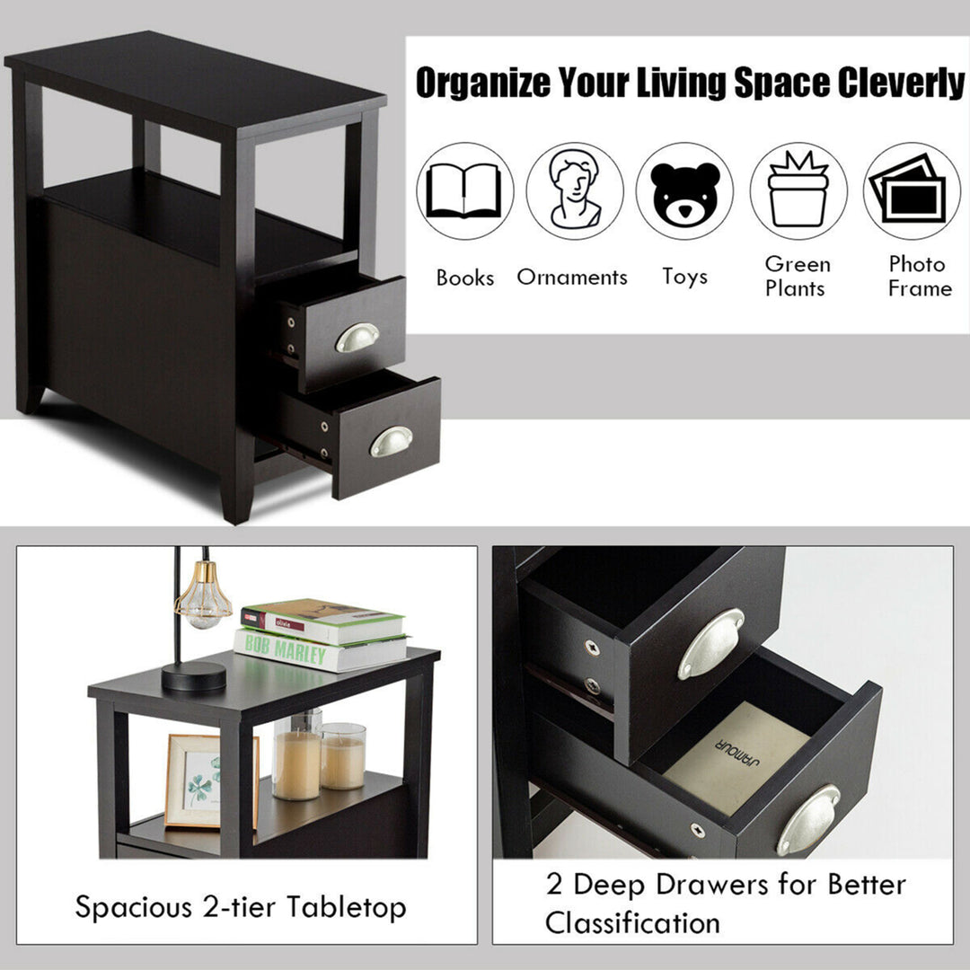 End Table Space-Saving Rectangular Bedside Table W/ 2 Drawers and Shelf Espress Image 6