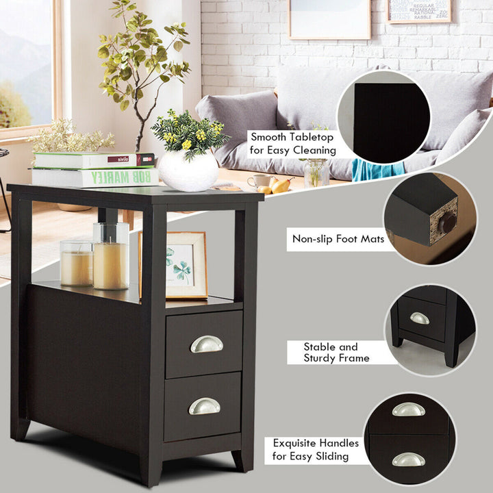 End Table Space-Saving Rectangular Bedside Table W/ 2 Drawers and Shelf Espress Image 8