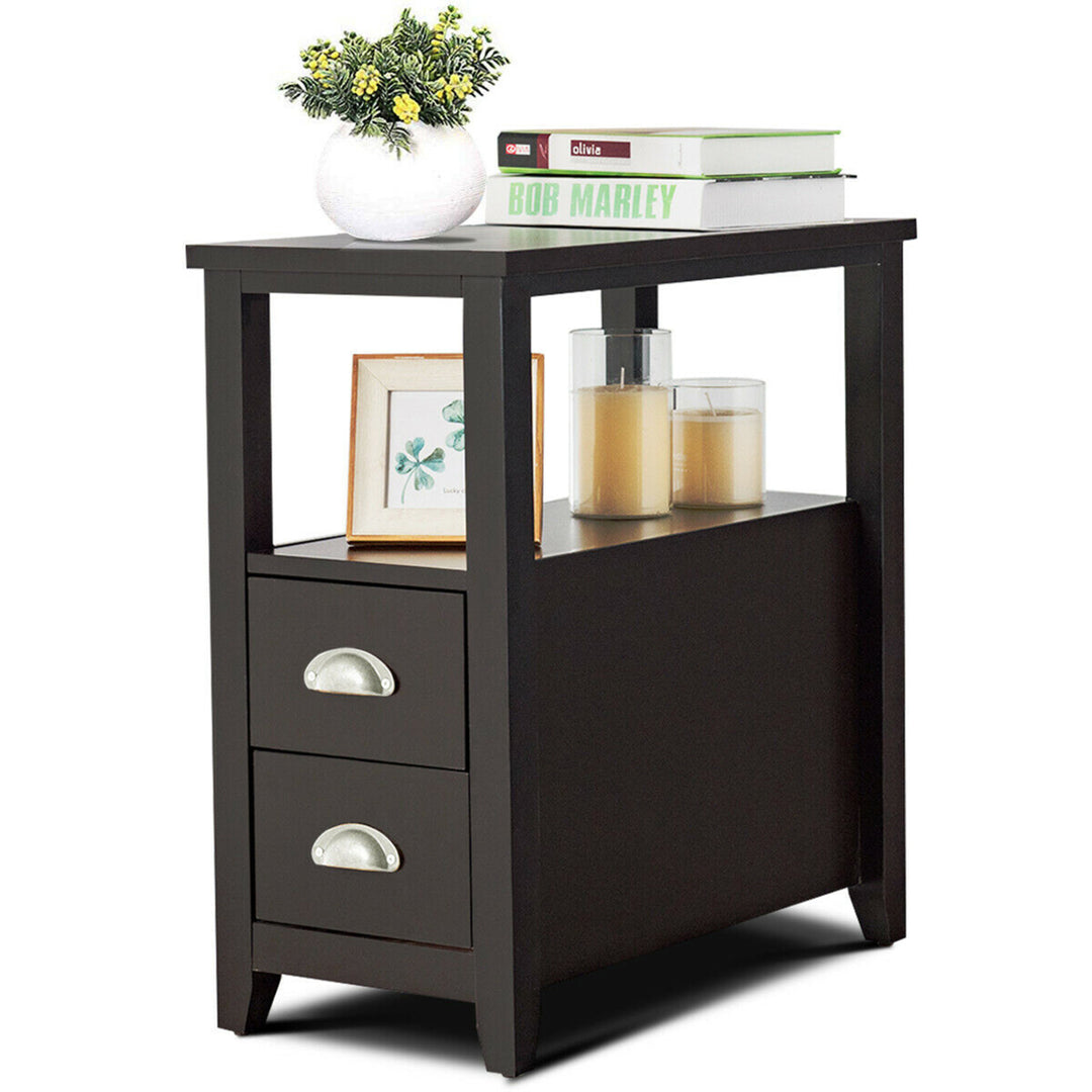 End Table Space-Saving Rectangular Bedside Table W/ 2 Drawers and Shelf Espress Image 9