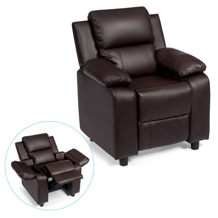 Deluxe Padded Kids Sofa Armchair Recliner Headrest Children w/ Storage Arm Brown Image 1