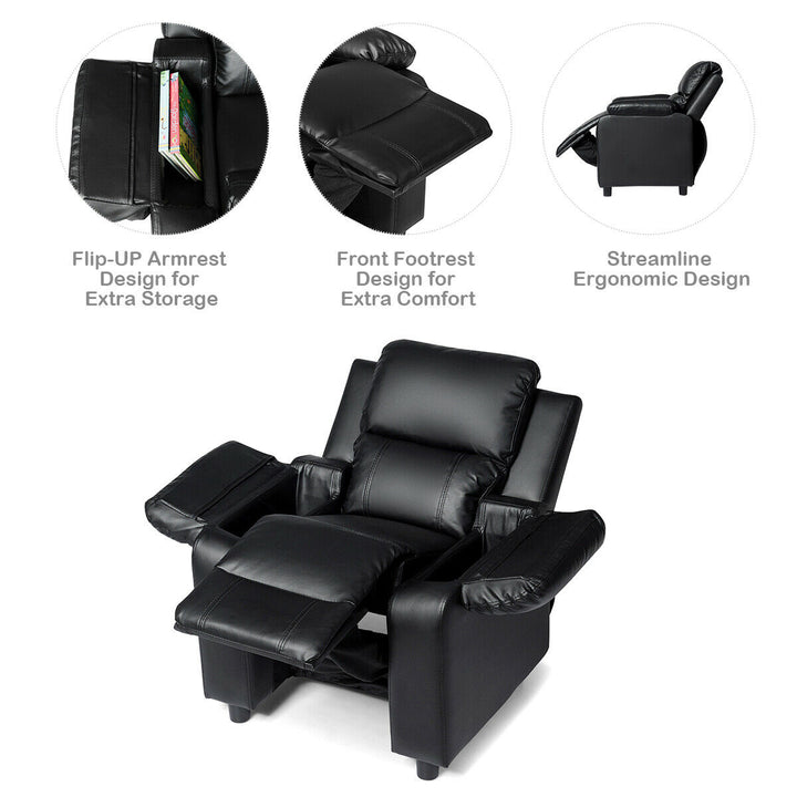 Deluxe Padded Kids Sofa Armchair Recliner Headrest Children w/ Storage Arm Black Image 4