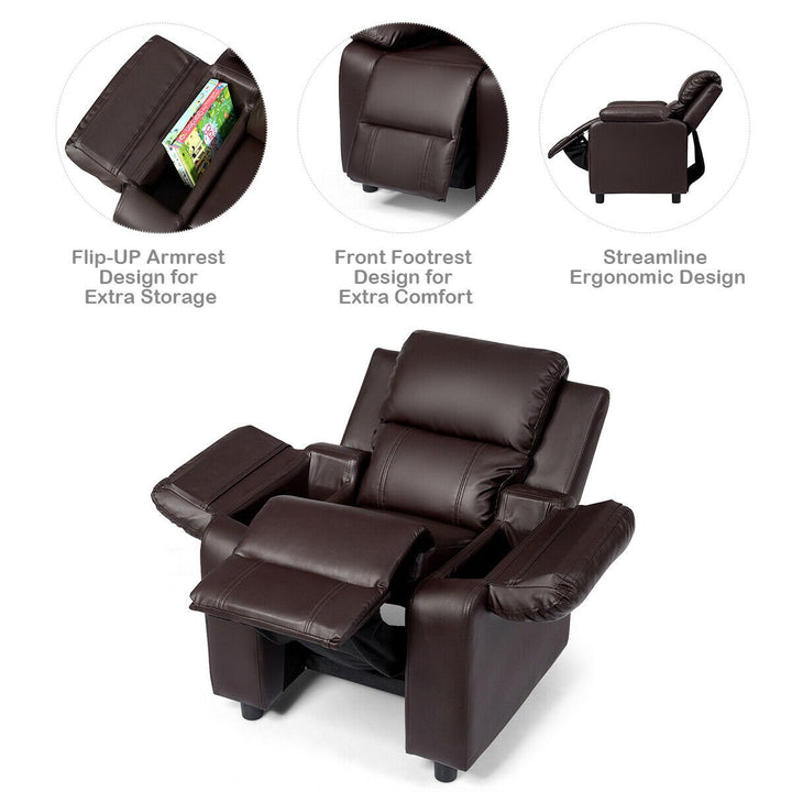 Deluxe Padded Kids Sofa Armchair Recliner Headrest Children w/ Storage Arm Brown Image 4