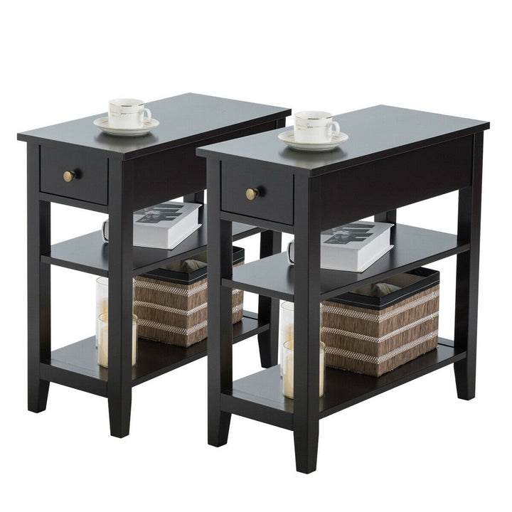 Set of 2 3-Tier Nightstand Bedside Side End Table w/Double Shelves Drawer Black Image 1