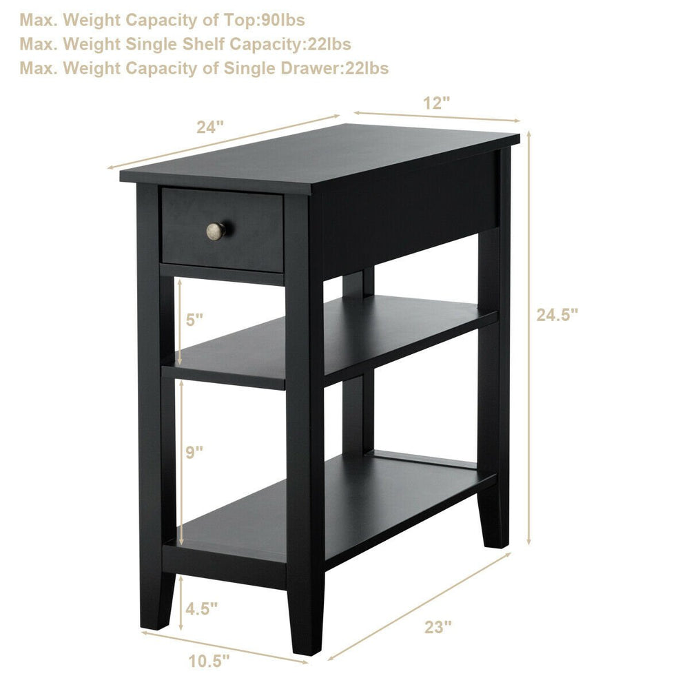 Set of 2 3-Tier Nightstand Bedside Side End Table w/Double Shelves Drawer Black Image 2