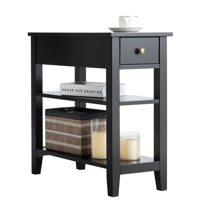 Set of 2 3-Tier Nightstand Bedside Side End Table w/Double Shelves Drawer Black Image 9