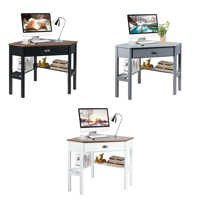 Corner Computer Desk Laptop Writing Table Workstation W/ Drawer and Shelves Brown/White/Gray Image 1