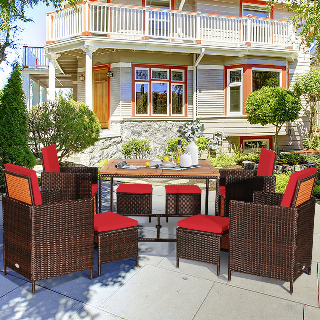 9PC Rattan Wicker Patio Dining Set Outdoor Furniture Set w/ Red Cushion Image 1