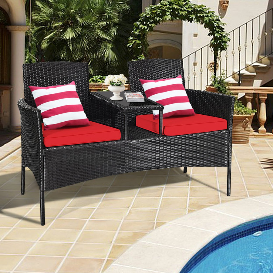 Rattan Wicker Patio Conversation Set w/ Table Red Cushion Image 1