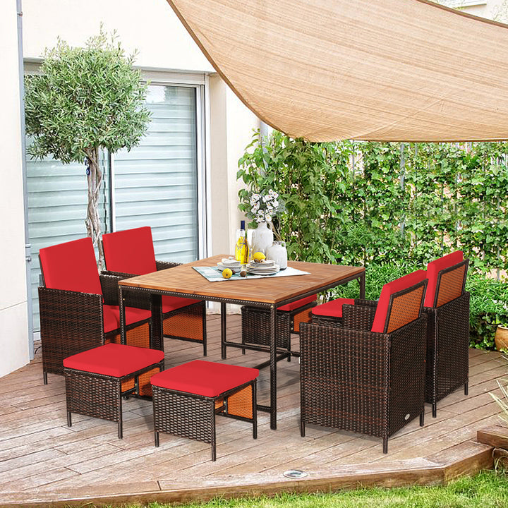 9PC Rattan Wicker Patio Dining Set Outdoor Furniture Set w/ Red Cushion Image 3