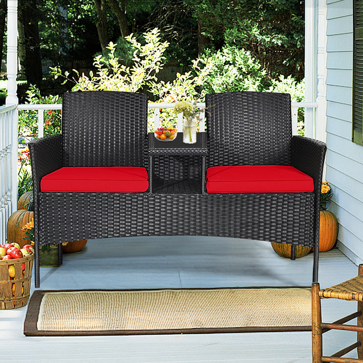 Rattan Wicker Patio Conversation Set w/ Table Red Cushion Image 3