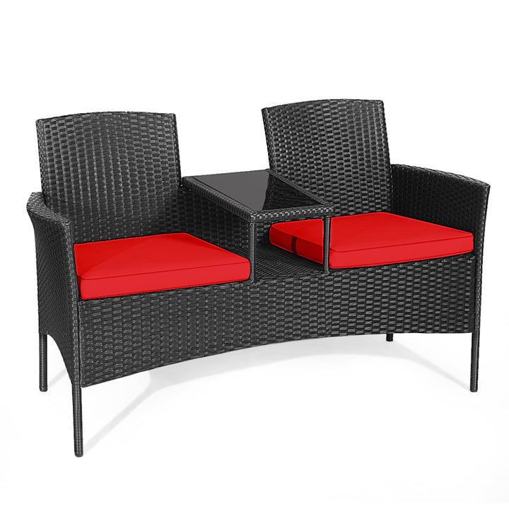 Rattan Wicker Patio Conversation Set w/ Table Red Cushion Image 5