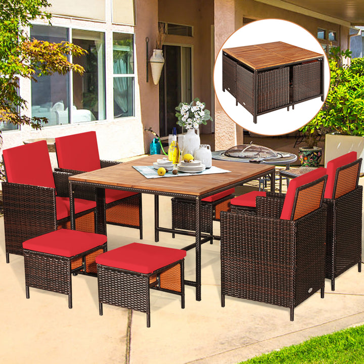 9PC Rattan Wicker Patio Dining Set Outdoor Furniture Set w/ Red Cushion Image 4