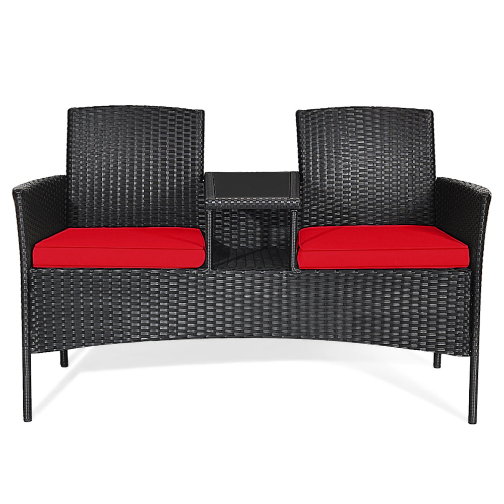 Rattan Wicker Patio Conversation Set w/ Table Red Cushion Image 2