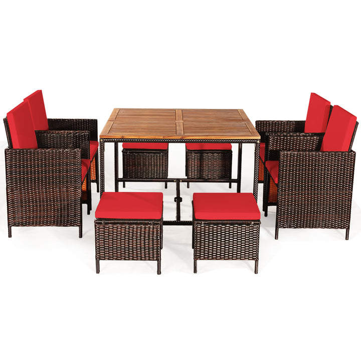 9PC Rattan Wicker Patio Dining Set Outdoor Furniture Set w/ Red Cushion Image 6