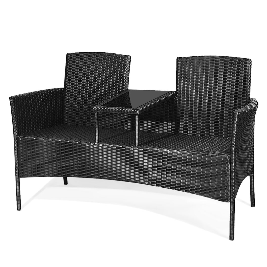 Rattan Wicker Patio Conversation Set w/ Table Red Cushion Image 6