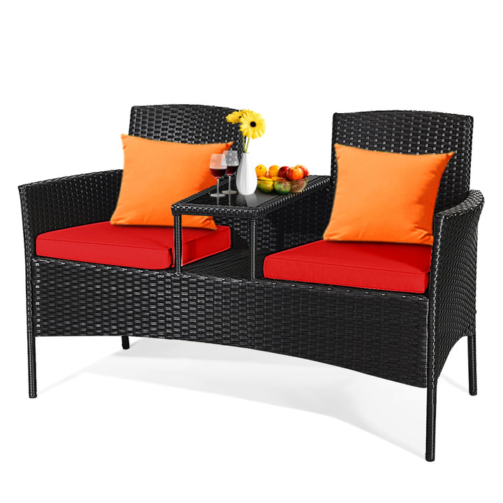 Rattan Wicker Patio Conversation Set w/ Table Red Cushion Image 7