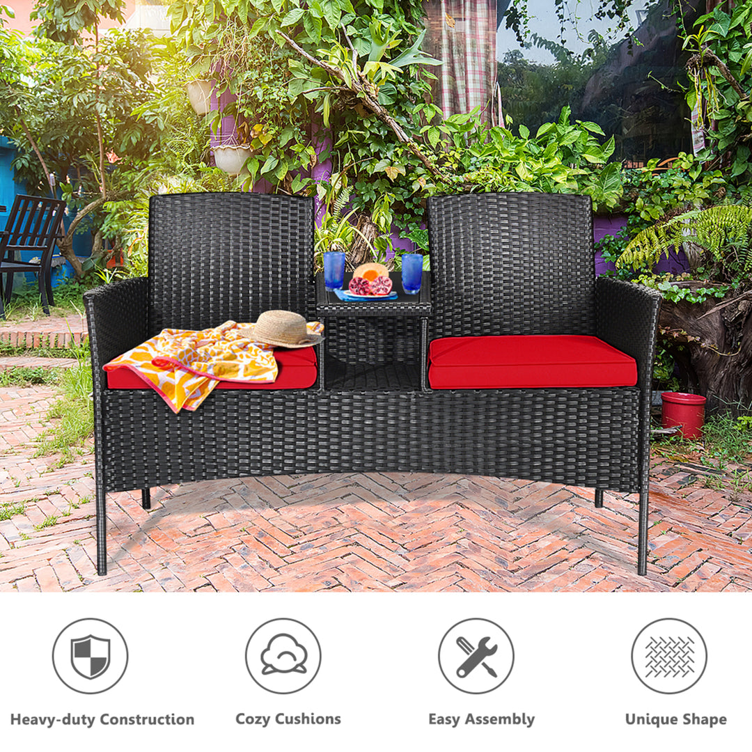 Rattan Wicker Patio Conversation Set w/ Table Red Cushion Image 8