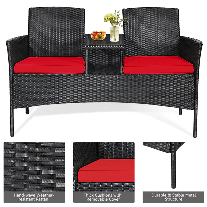 Rattan Wicker Patio Conversation Set w/ Table Red Cushion Image 9