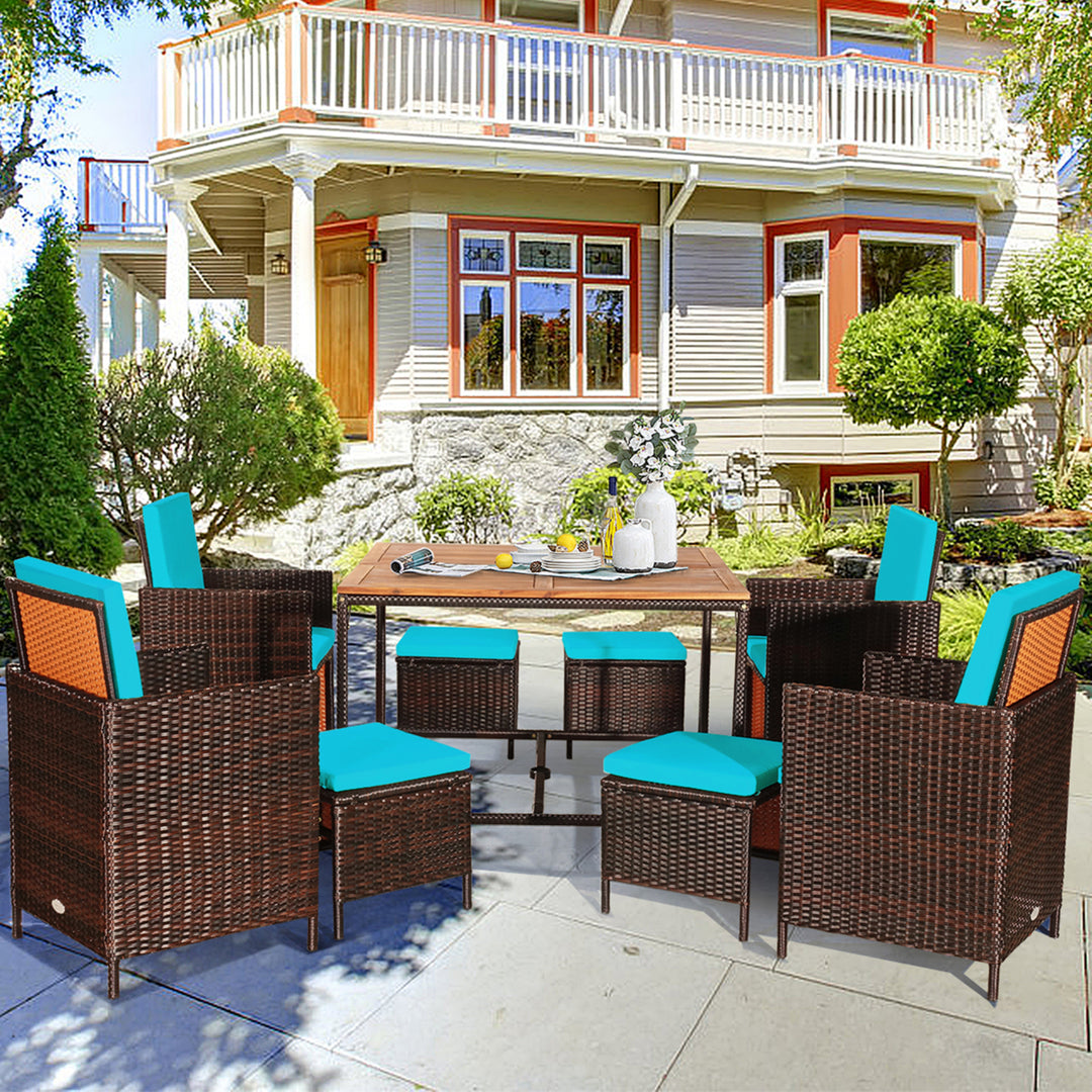 9PCS Rattan Wicker Patio Dining Set Outdoor Furniture Set w/ Turquoise Cushion Image 1