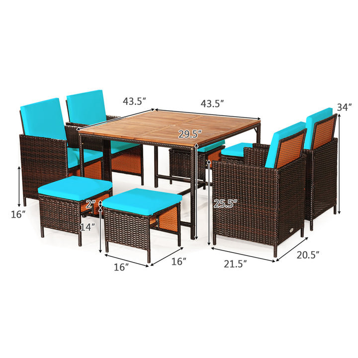 9PCS Rattan Wicker Patio Dining Set Outdoor Furniture Set w/ Turquoise Cushion Image 3