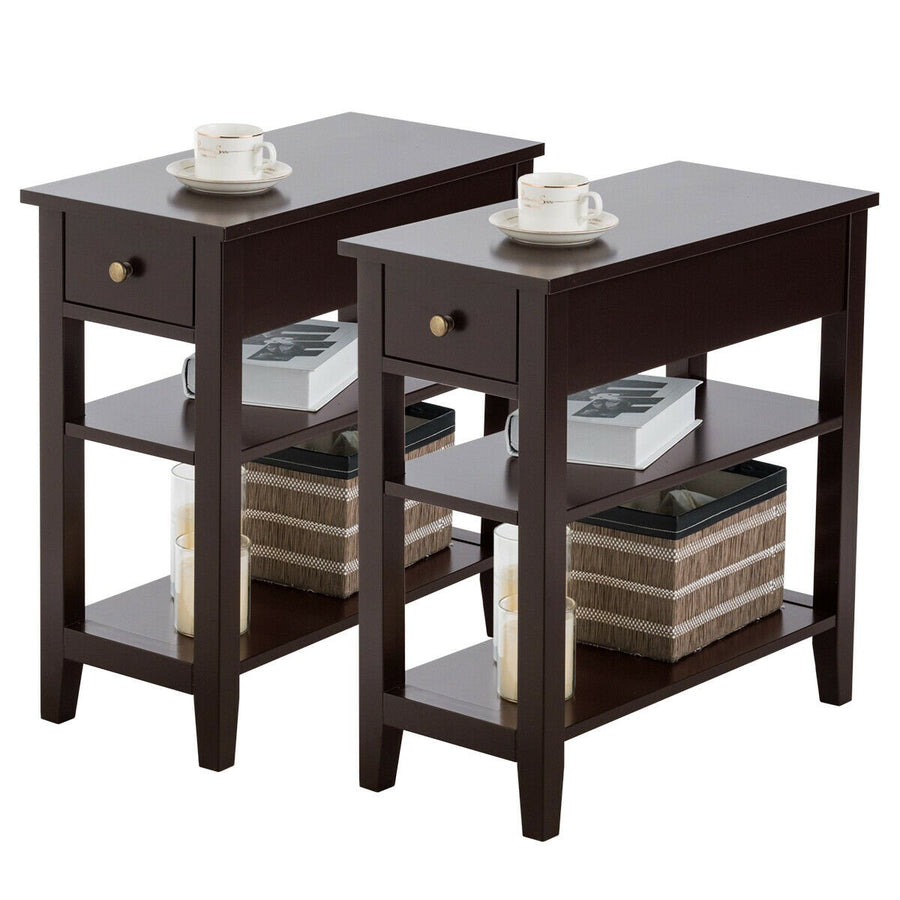 Set of 2 3-Tier Nightstand Bedside Side End Table w/Double Shelves Drawer Brown Image 1