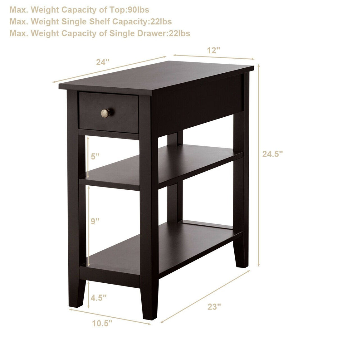 Set of 2 3-Tier Nightstand Bedside Side End Table w/Double Shelves Drawer Brown Image 2