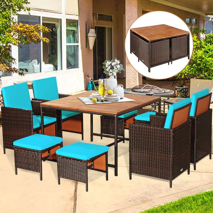 9PCS Rattan Wicker Patio Dining Set Outdoor Furniture Set w/ Turquoise Cushion Image 4