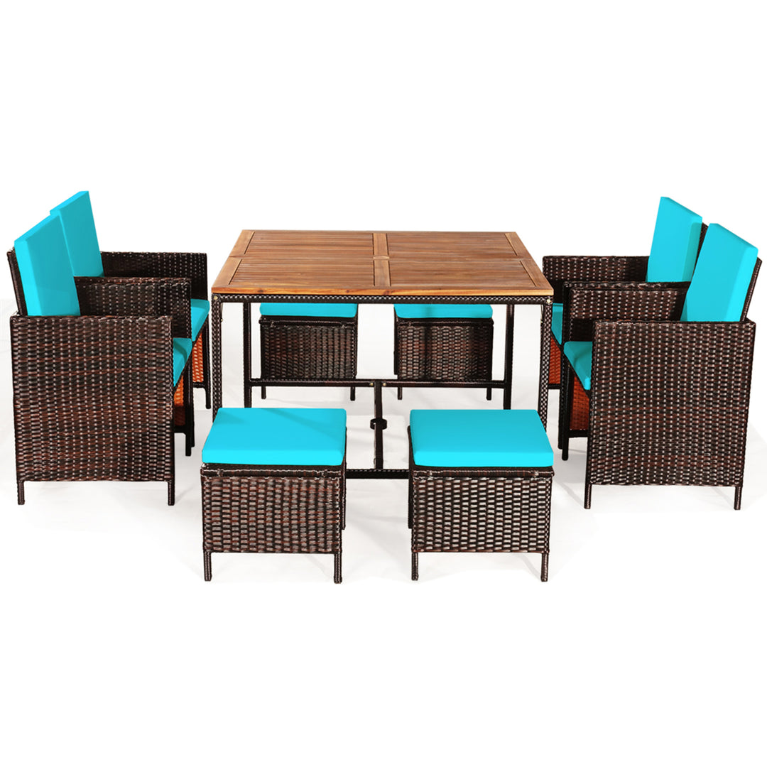 9PCS Rattan Wicker Patio Dining Set Outdoor Furniture Set w/ Turquoise Cushion Image 2