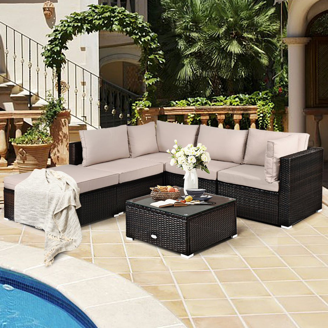 6PCS Rattan Patio Sectional Sofa Set Outdoor Furniture Set w/ Cushions Image 4