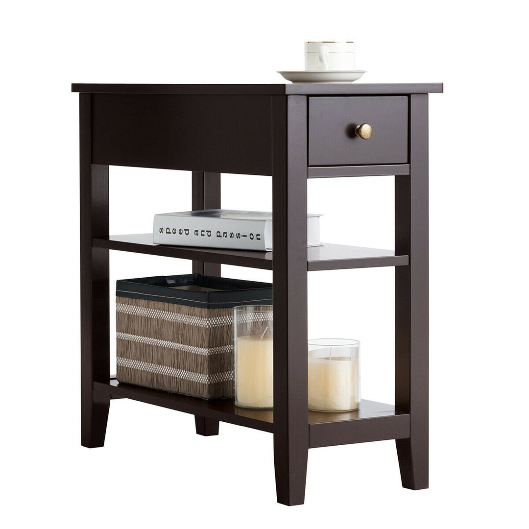 Set of 2 3-Tier Nightstand Bedside Side End Table w/Double Shelves Drawer Brown Image 9