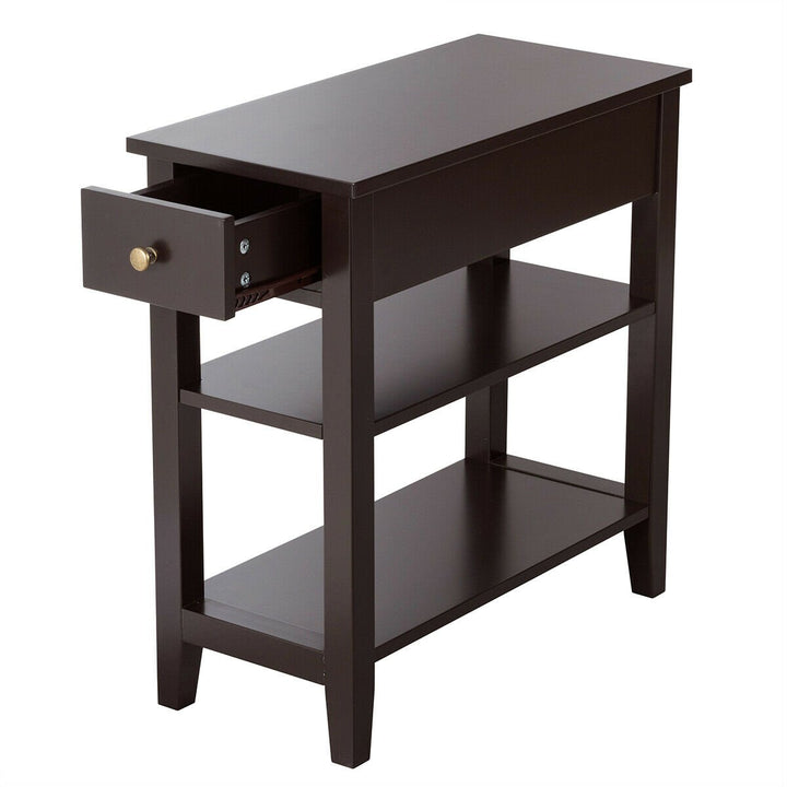 Set of 2 3-Tier Nightstand Bedside Side End Table w/Double Shelves Drawer Brown Image 10