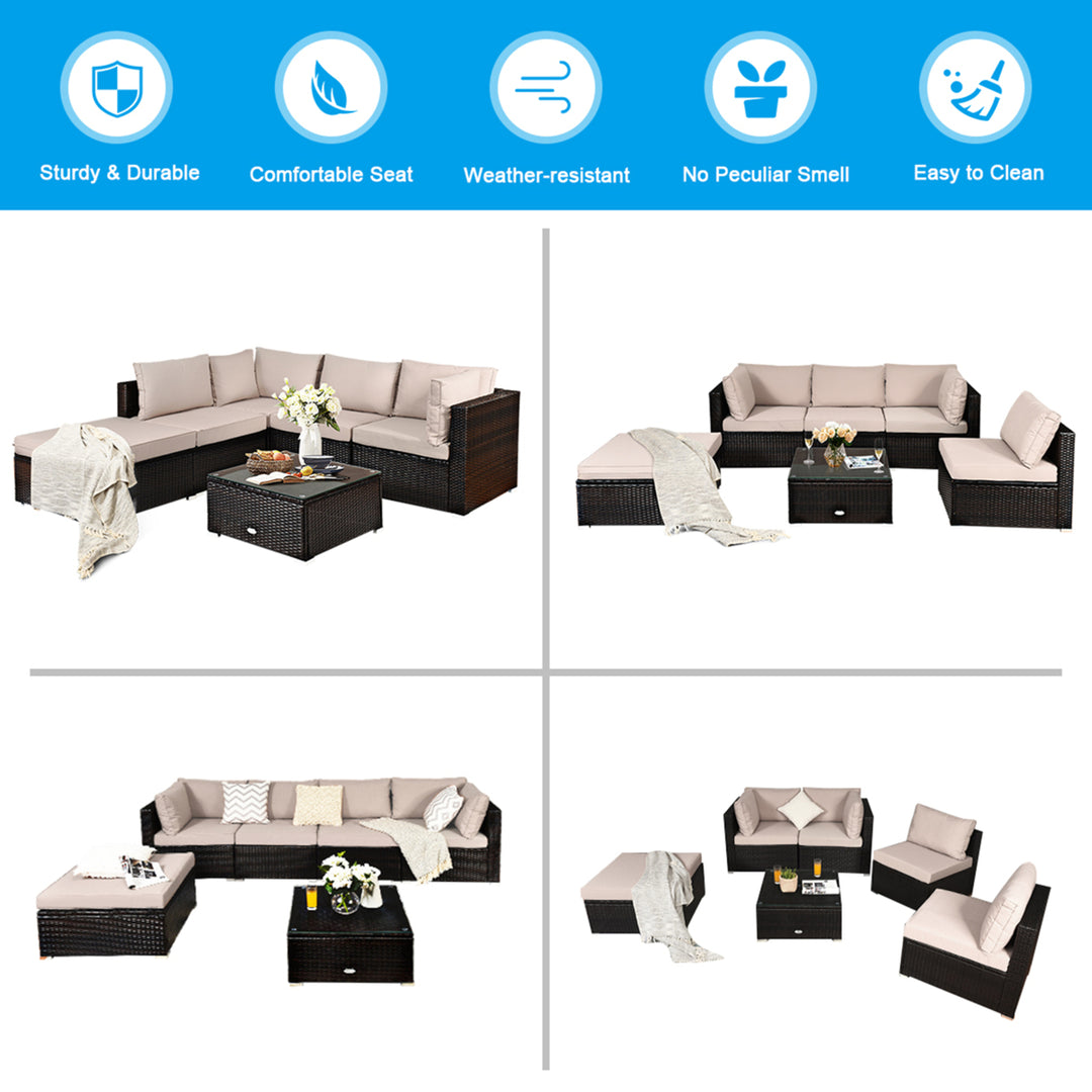 6PCS Rattan Patio Sectional Sofa Set Outdoor Furniture Set w/ Cushions Image 7