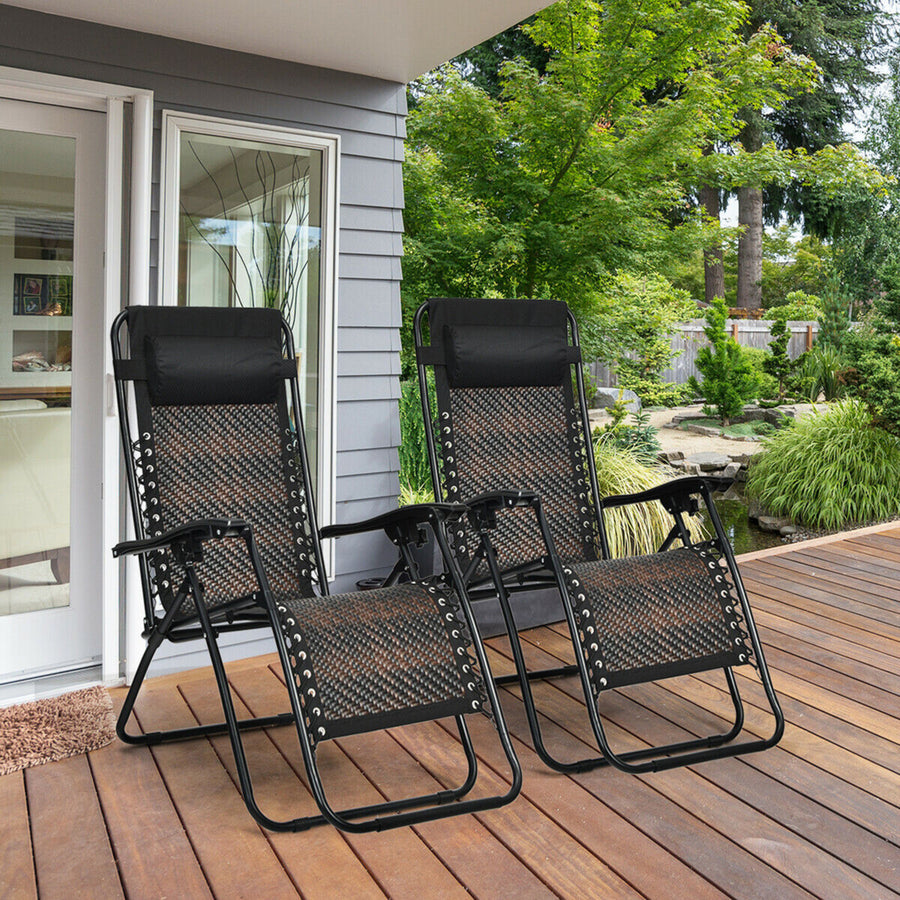 Folding Set of 2 Rattan Patio Zero Gravity Lounge Chair Recliner w/ Headrest Image 1