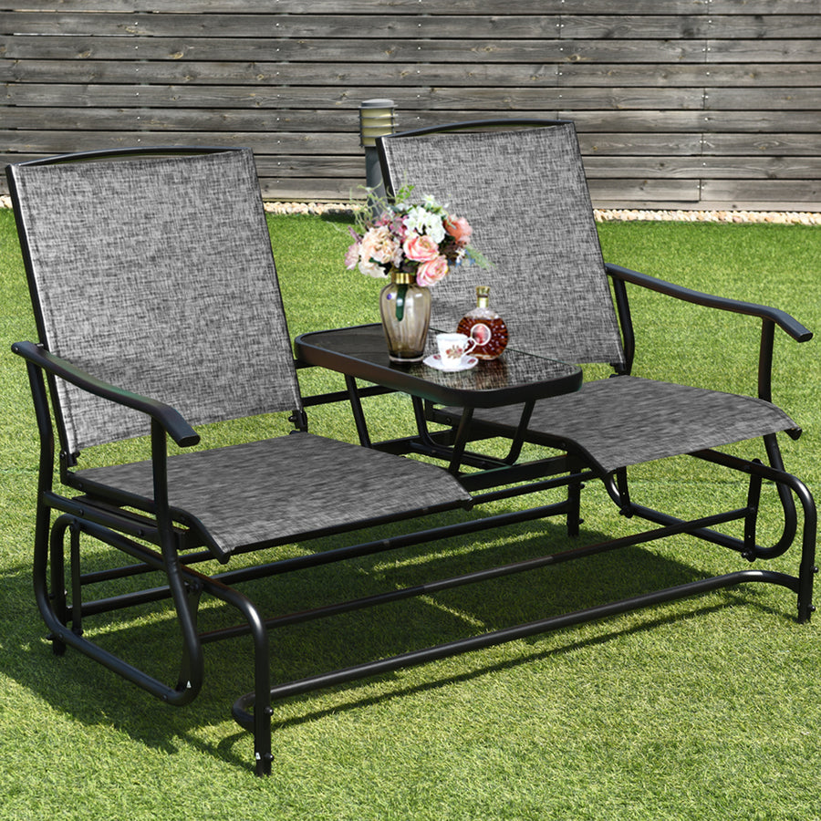 Patio 2-Person Glider Rocking Char Loveseat Garden w/ Tempered Glass Table Grey Image 1