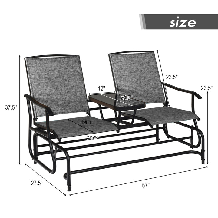 Patio 2-Person Glider Rocking Char Loveseat Garden w/ Tempered Glass Table Grey Image 2