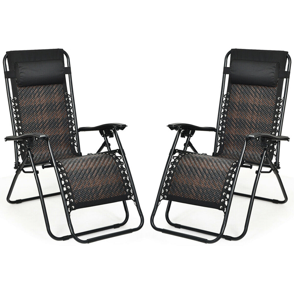 Folding Set of 2 Rattan Patio Zero Gravity Lounge Chair Recliner w/ Headrest Image 2