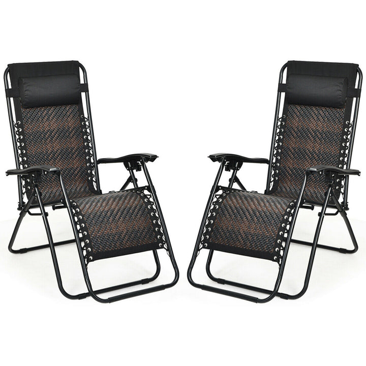 Folding Set of 2 Rattan Patio Zero Gravity Lounge Chair Recliner w/ Headrest Image 2