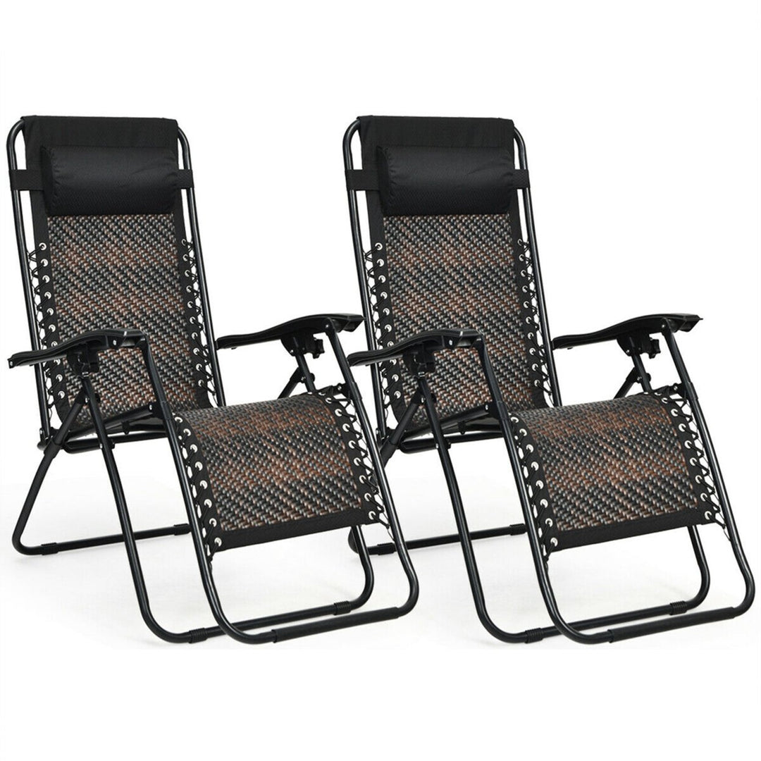 Folding Set of 2 Rattan Patio Zero Gravity Lounge Chair Recliner w/ Headrest Image 4