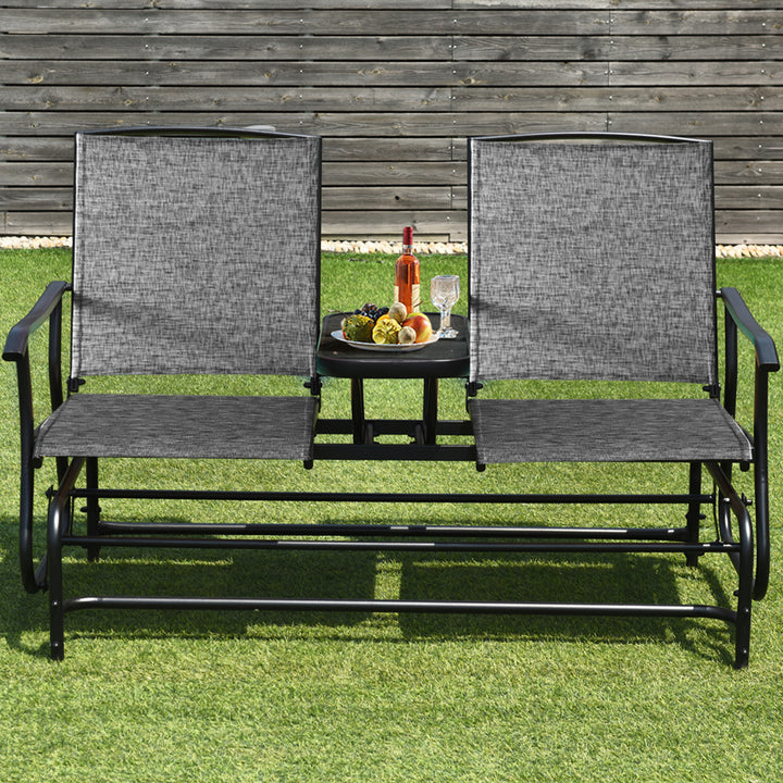 Patio 2-Person Glider Rocking Char Loveseat Garden w/ Tempered Glass Table Grey Image 3