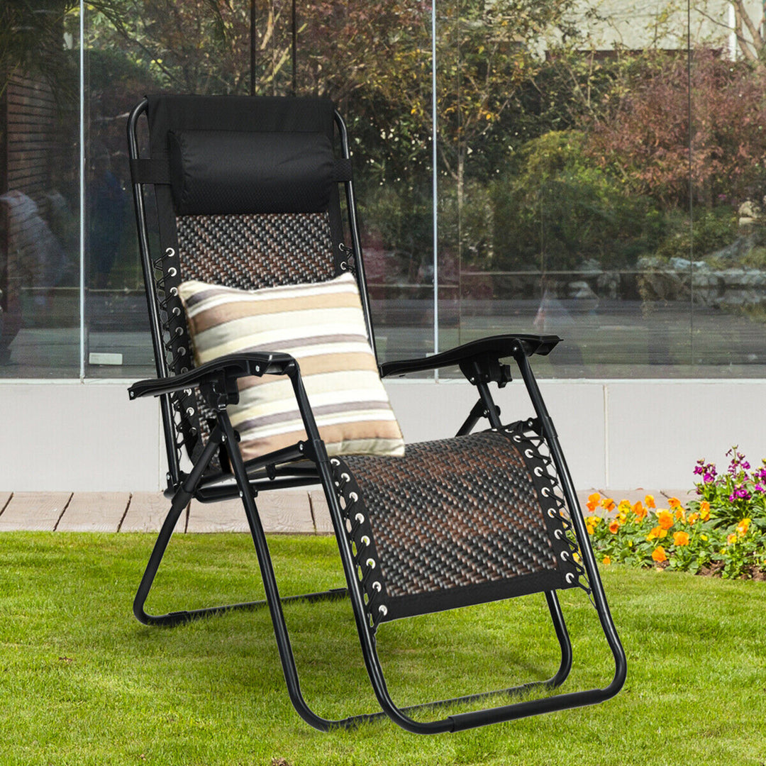 Folding Set of 2 Rattan Patio Zero Gravity Lounge Chair Recliner w/ Headrest Image 5