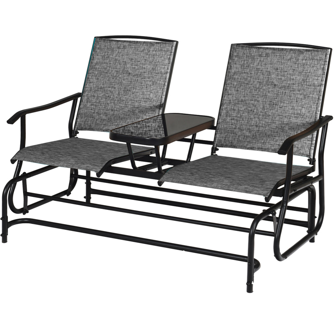 Patio 2-Person Glider Rocking Char Loveseat Garden w/ Tempered Glass Table Grey Image 4