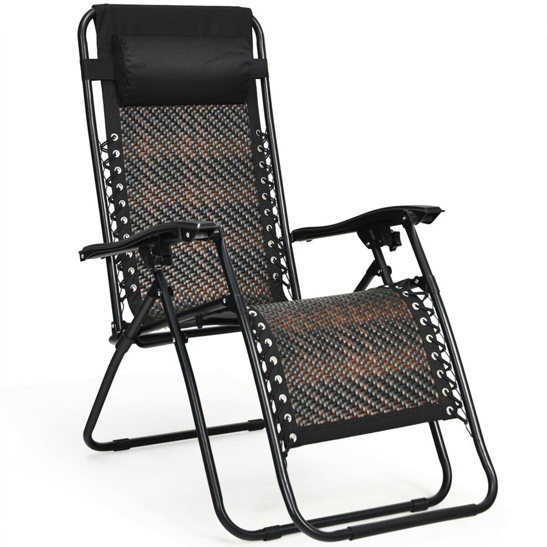 Folding Set of 2 Rattan Patio Zero Gravity Lounge Chair Recliner w/ Headrest Image 6