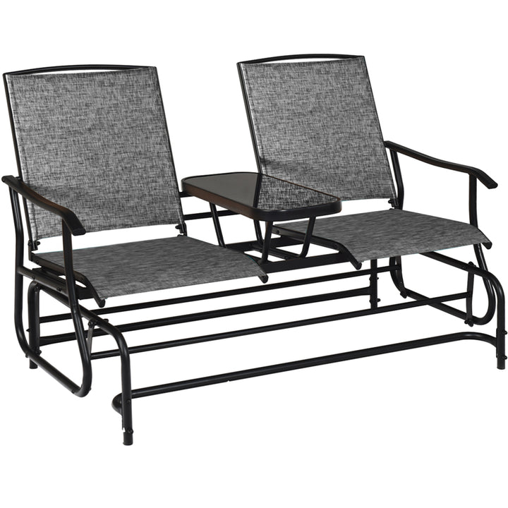 Patio 2-Person Glider Rocking Char Loveseat Garden w/ Tempered Glass Table Grey Image 6