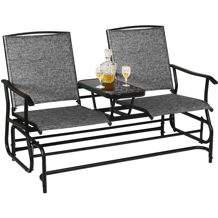 Patio 2-Person Glider Rocking Char Loveseat Garden w/ Tempered Glass Table Grey Image 7